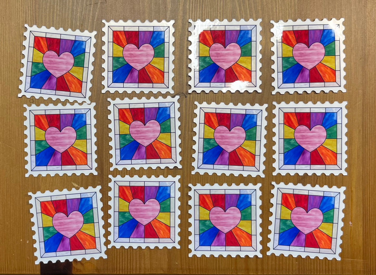 rainbow heart stained glass stamp shaped sticker