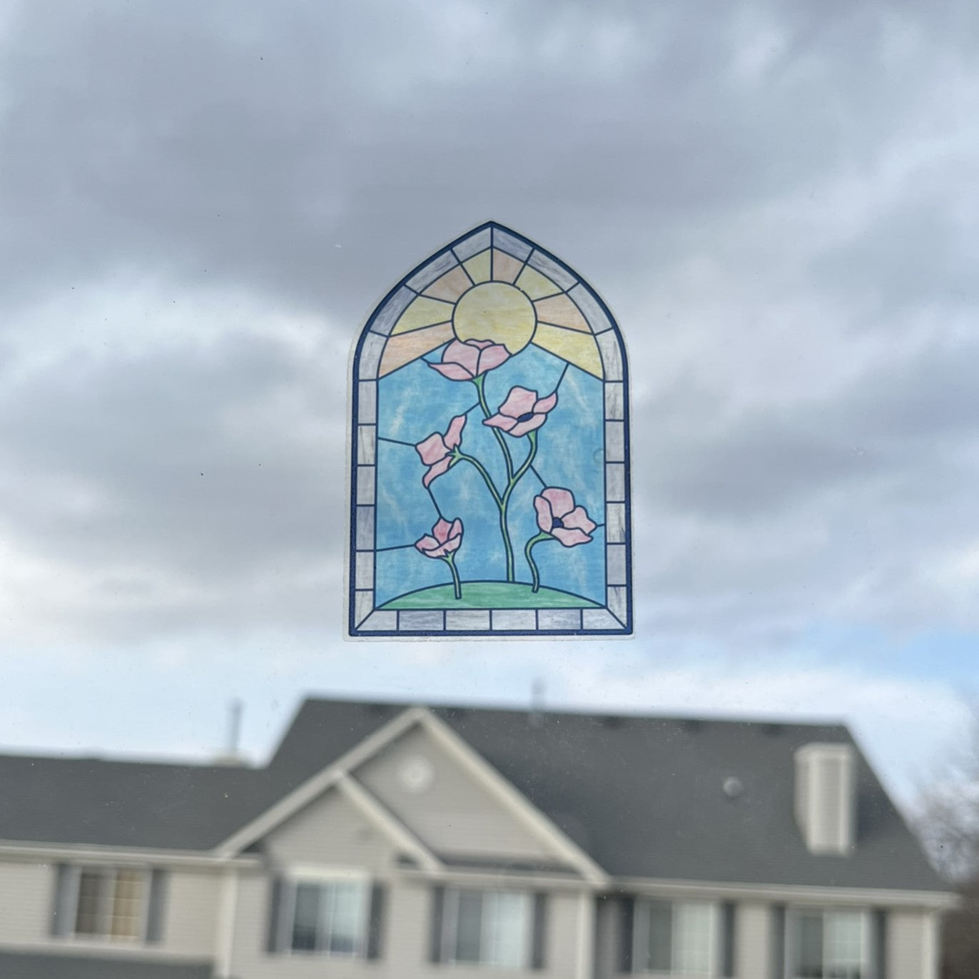 pink flower stained glass window vinyl sticker